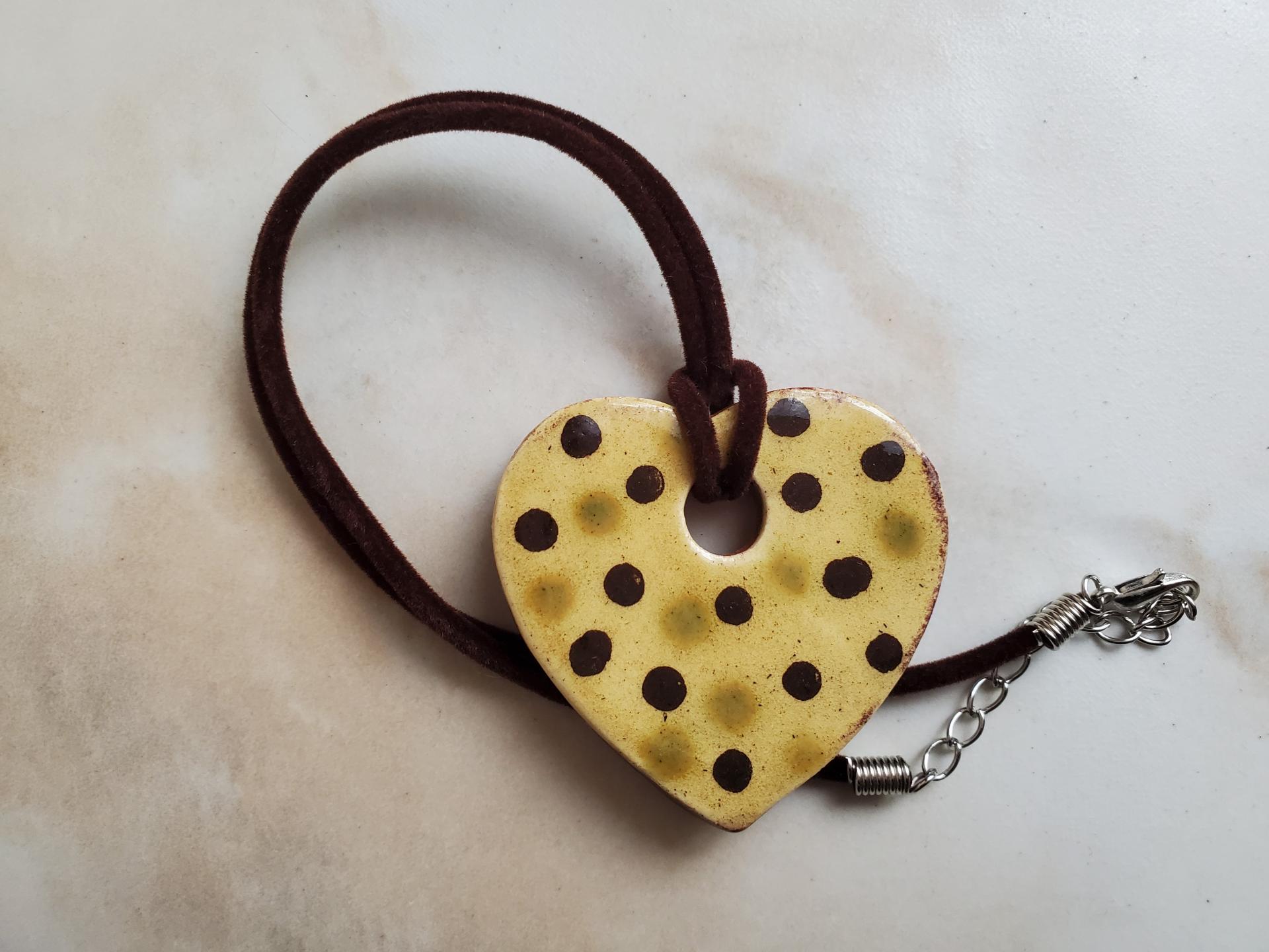 Redware Mini Heart Pendant Necklace with Black and Green Slip Dots