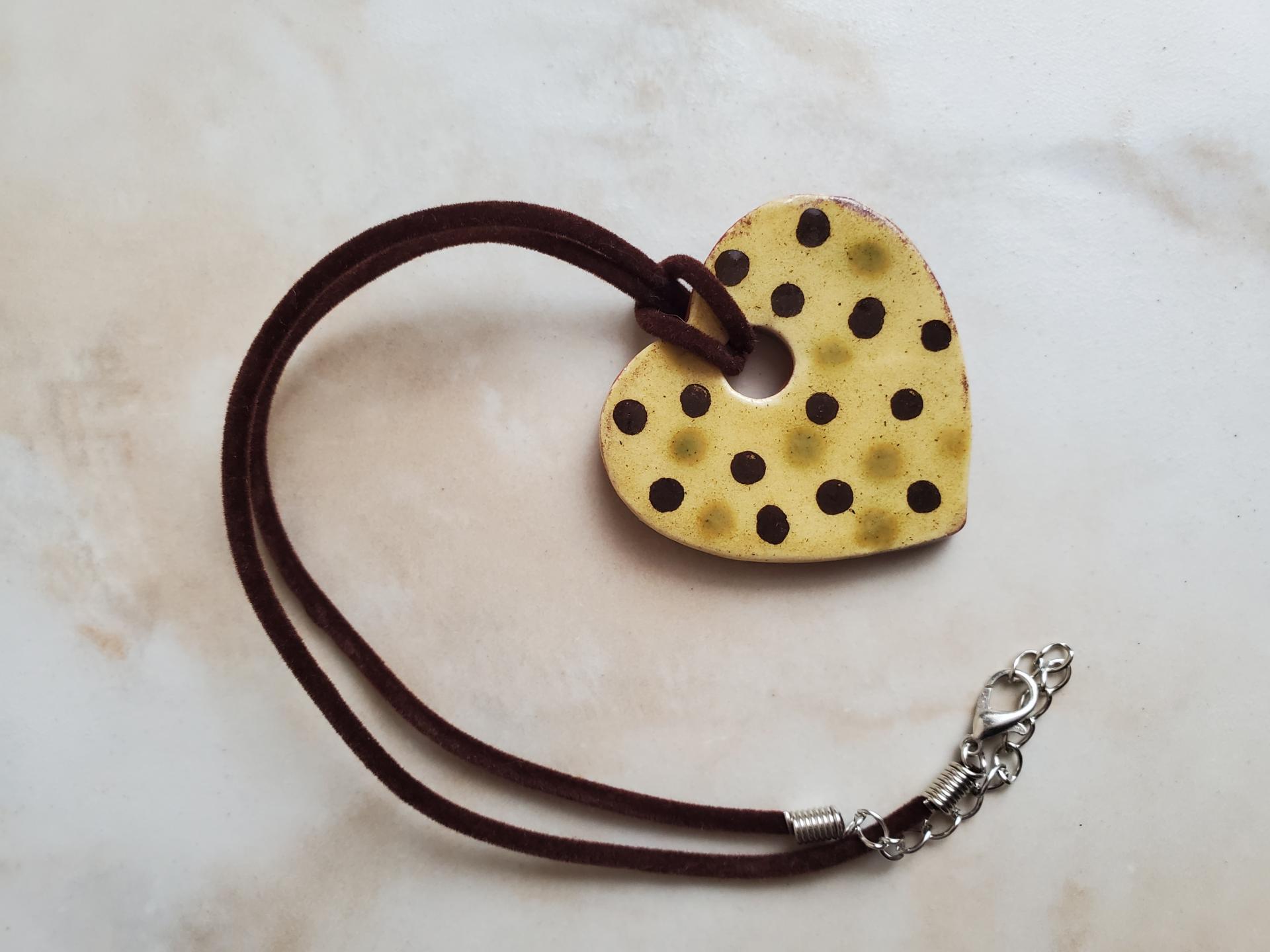 Redware Mini Heart Necklace with Black & Green Slip Dots