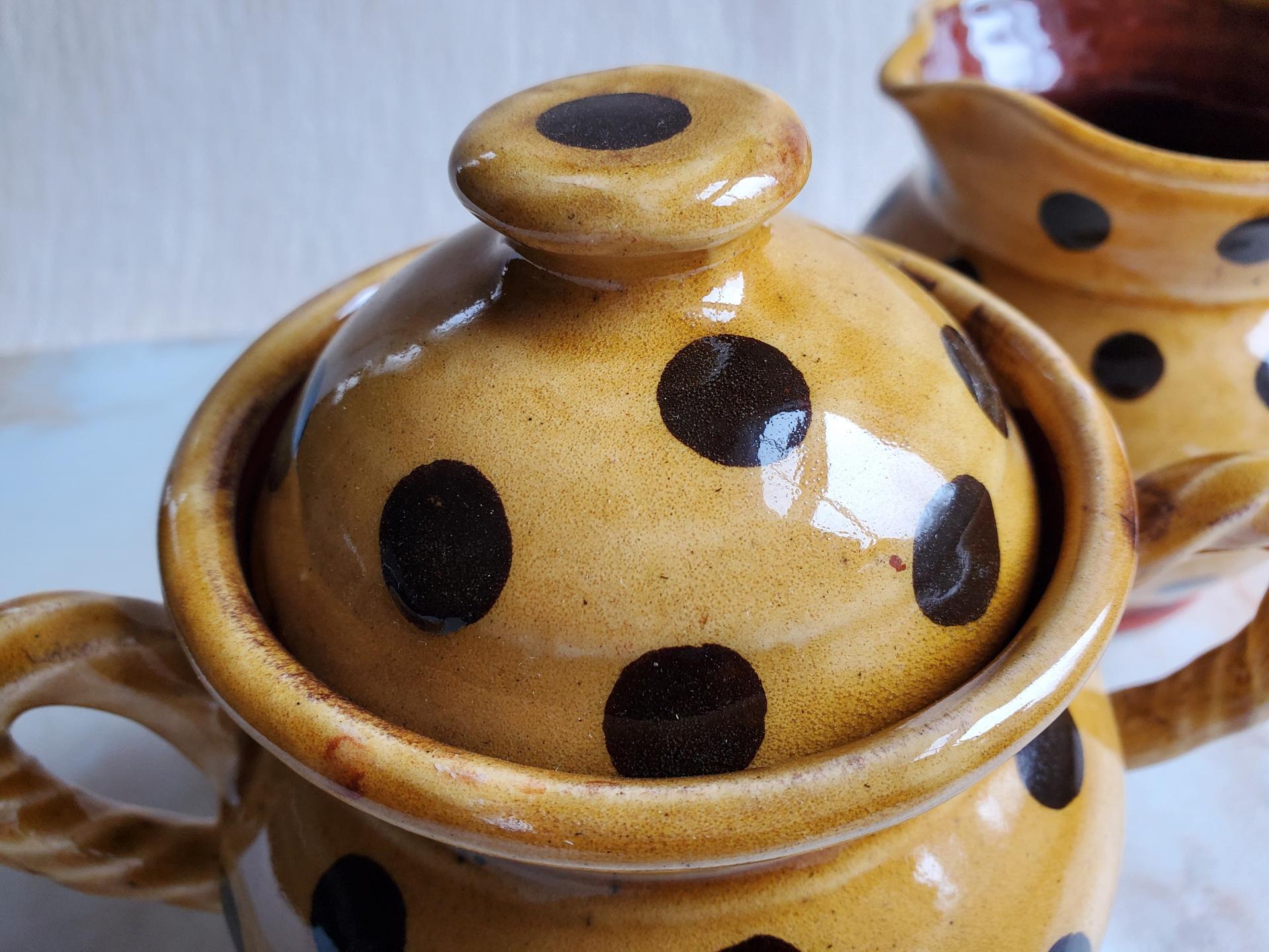 Redware Jar with Rope Handles and Black Polka Dots