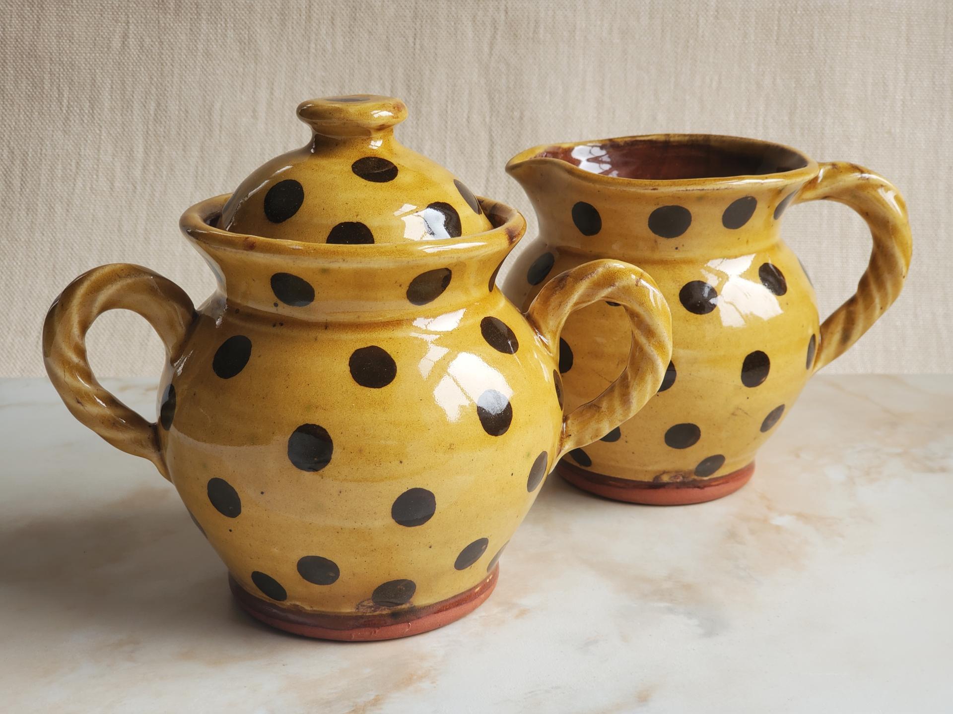 Redware Jar with Rope Handles and Black Polka Dots
