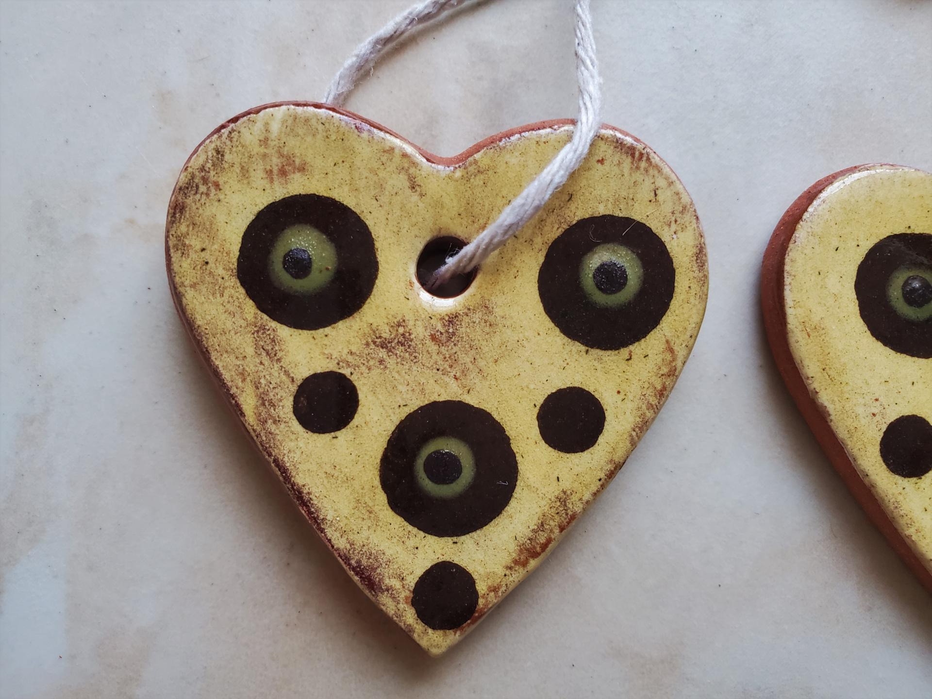 Set of 3 Mini Redware Heart Ornaments by Kulina Folk Art, Handcrafted with Green & Black Dots
