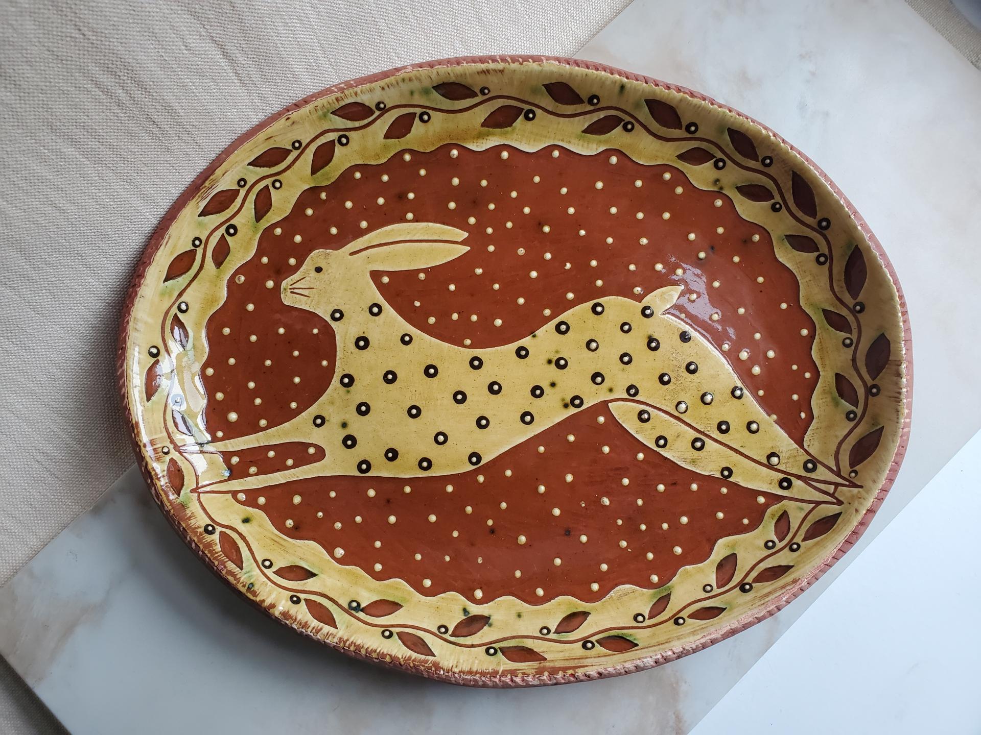 Redware Oval Platter with Leaping Hare Motif