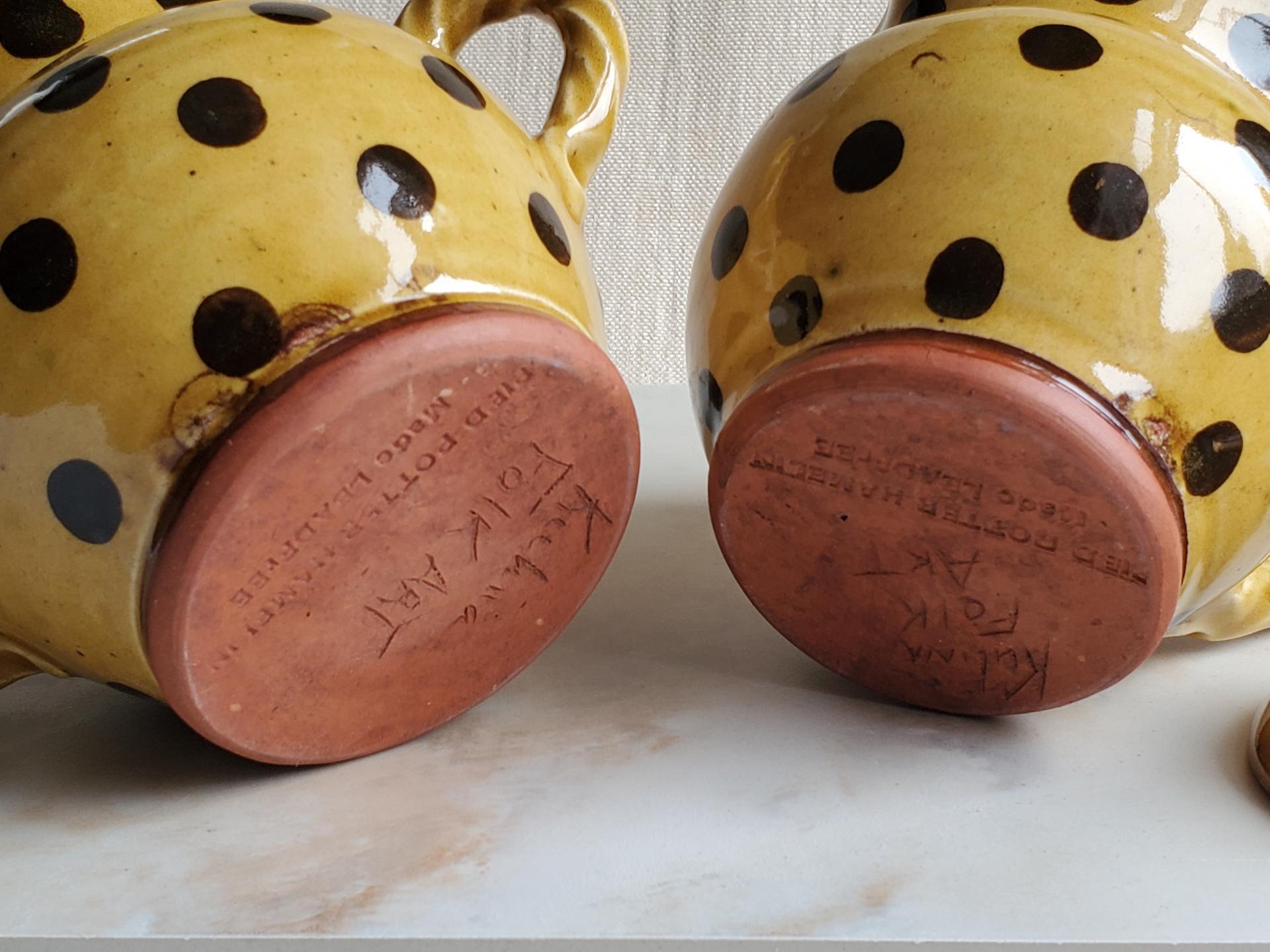 Redware Jar with Rope Handles and Black Polka Dots