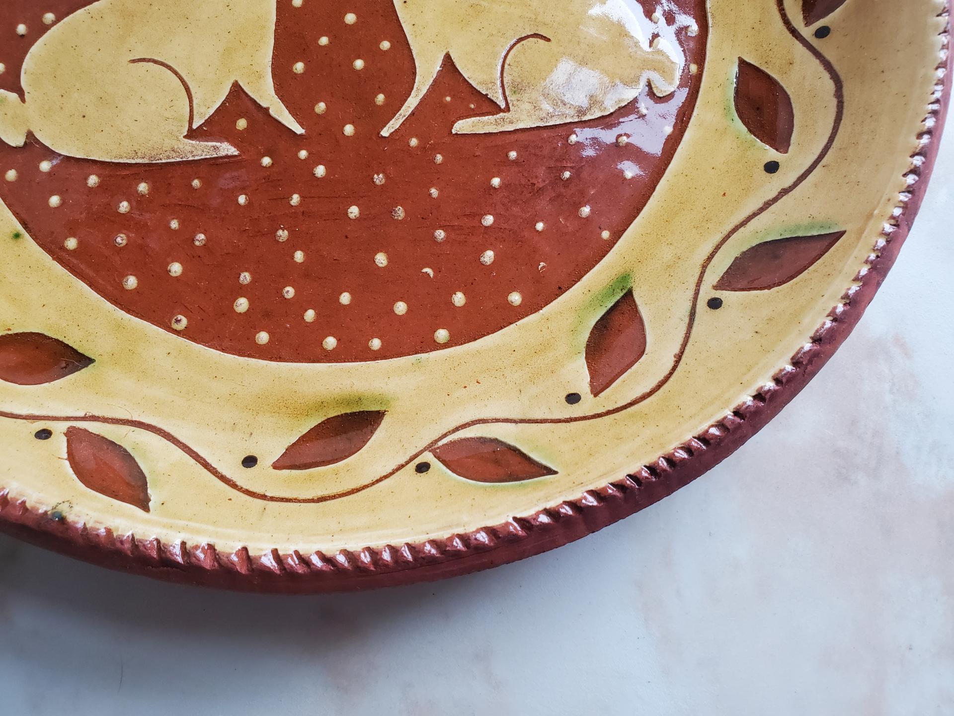 Custom Order Kulina Folk Art Redware 11 in. Plate with Two Rabbits and Leaves Motif