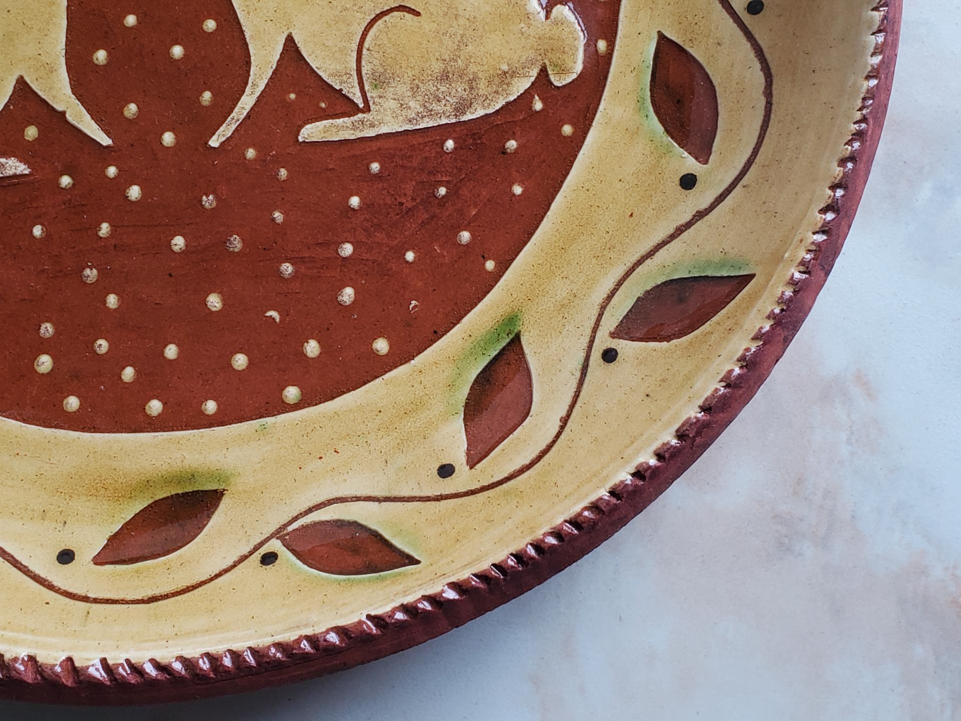 Custom Order Kulina Folk Art Redware 11 in. Plate with Two Rabbits and Leaves Motif