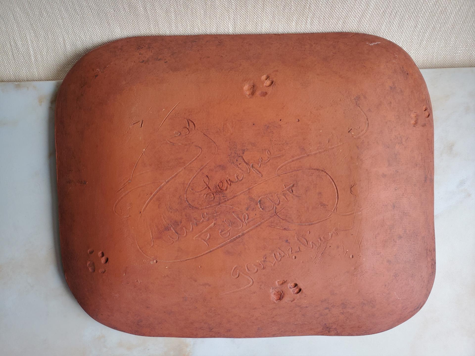 Redware Platter with Sleeping Cat Sgraffito Decoration