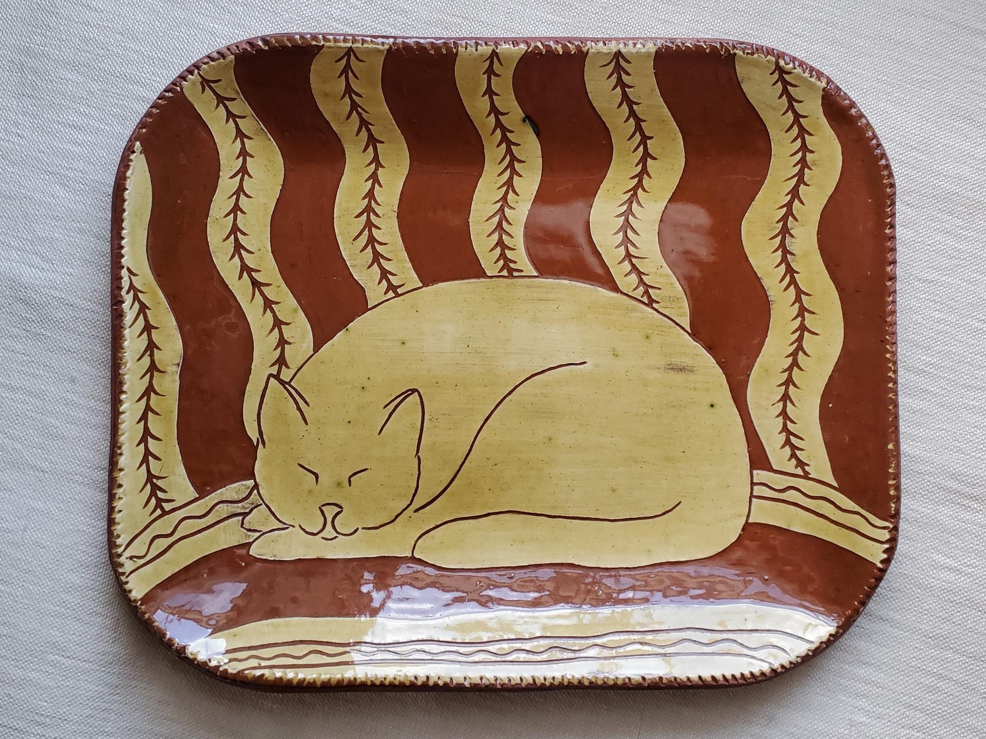 Custom Order Kulina Folk Art Redware Platter with Sleeping Cat Motif