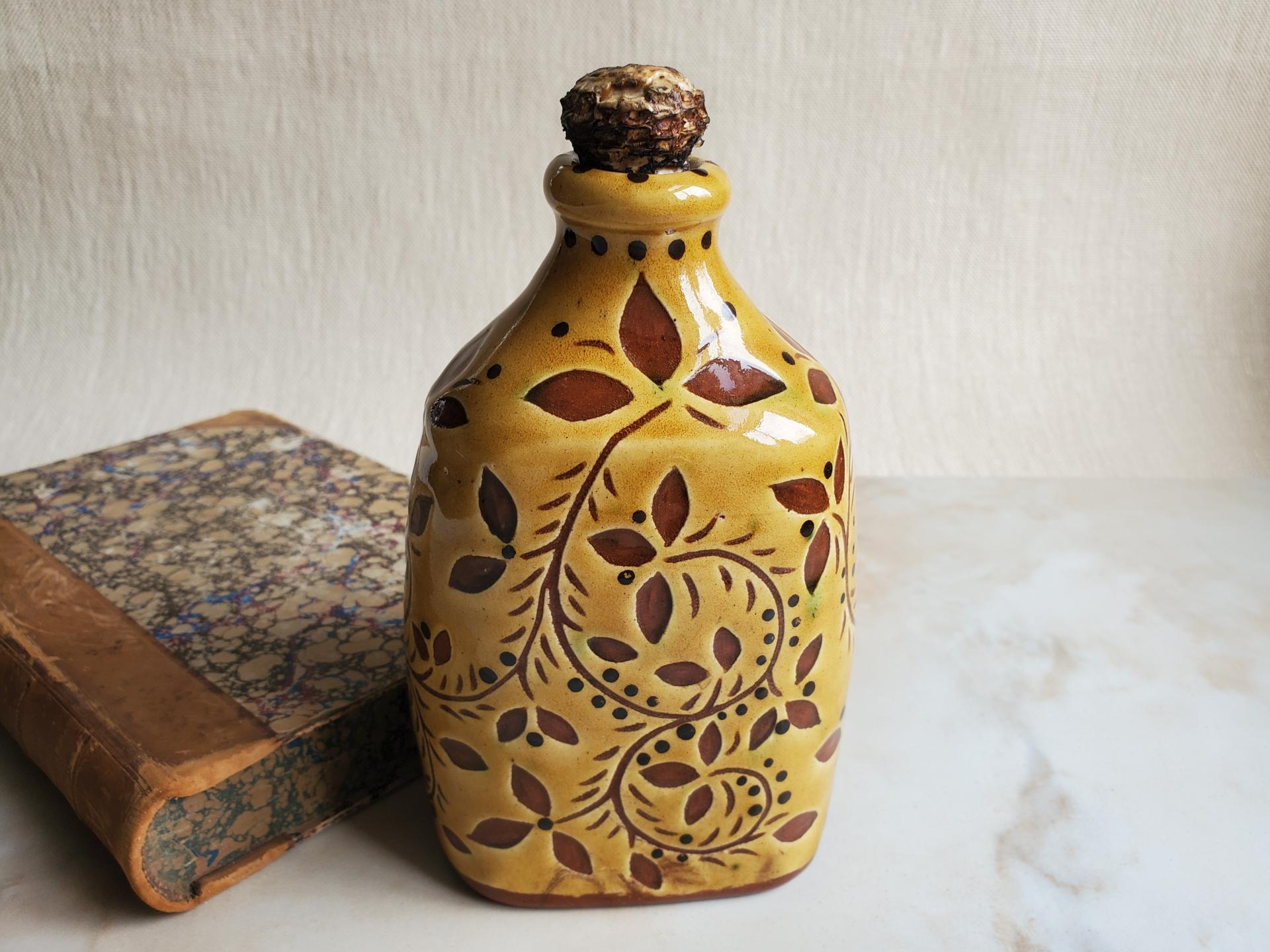 Redware Bottle with Sgraffito Decoration and Lead-Free Glaze