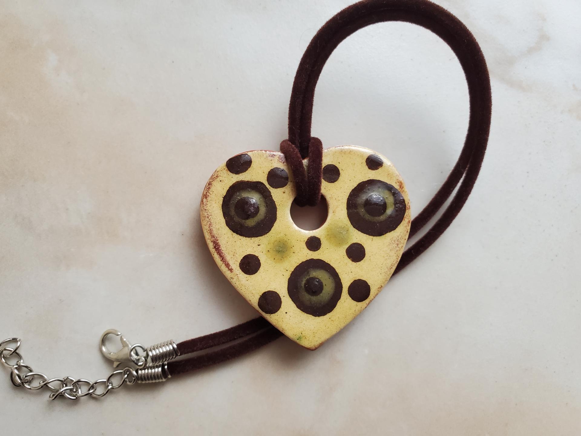 Redware Mini Heart Necklace with Green and Black Polka Dots