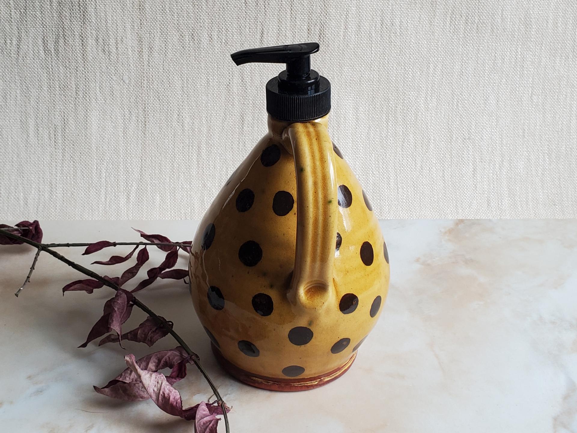 Redware Soap or Lotion Dispenser jug (a) with Black Dots