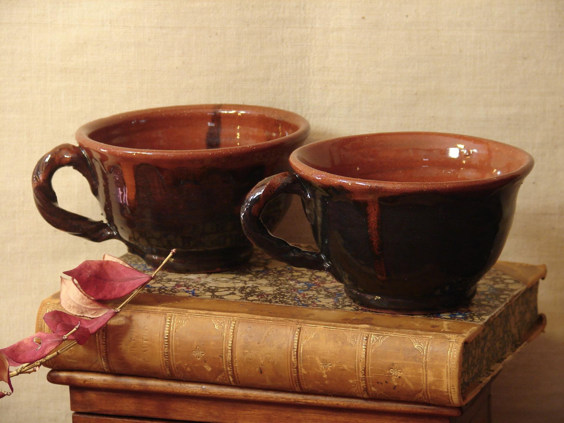 Redware Cups with Rope Handles and Black Glaze