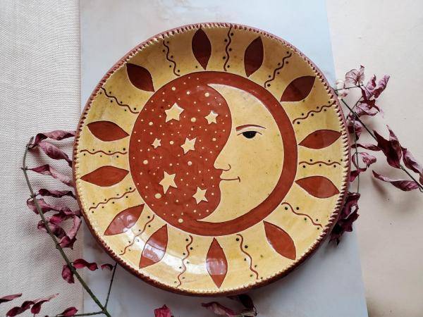 Custom Order Kulina Folk Art Redware 11 in. Plate with a Man in the Moon Sgraffito Motif