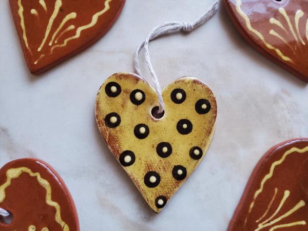Redware Hearts (2) with Black and Yellow Dots