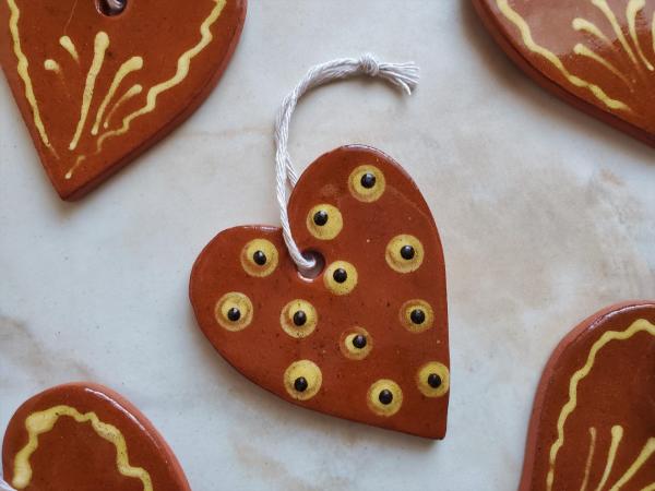 Redware Hearts (2) with Yellow and Black Dots
