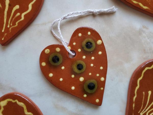 Redware Heart Ornaments with Green, Black and Yellow Dots