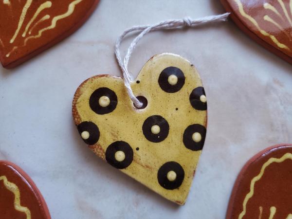 Redware Heart Ornaments with Yellow and Black Dots by Kulina Folk Art