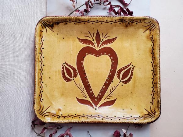 Redware Platter with Heart, Tulips and Leaves Sgraffito Decoration