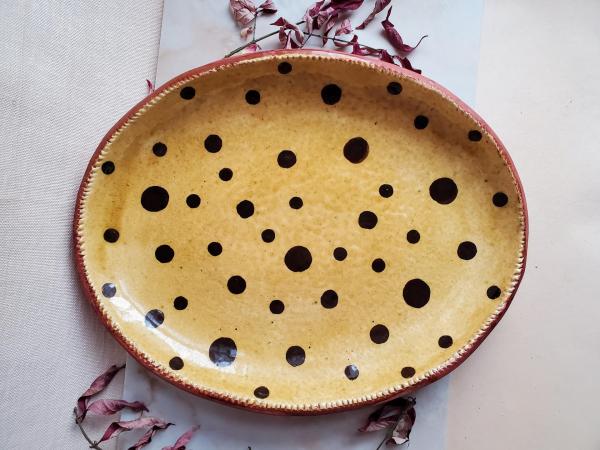 Custom Order Kulina Folk Art Redware Oval Platter with Black Polka Dots Pattern
