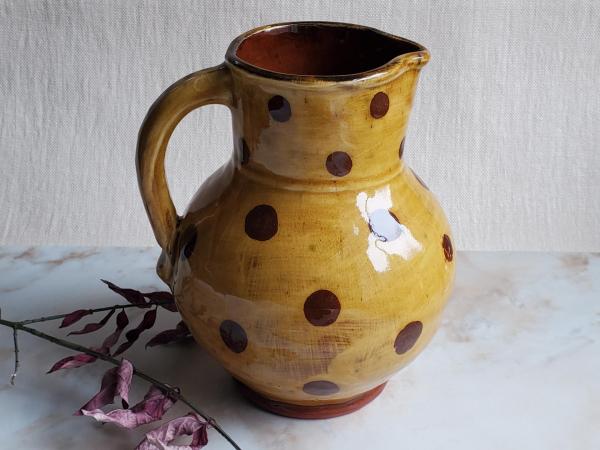 Redware Pitcher with Black Polka Dots