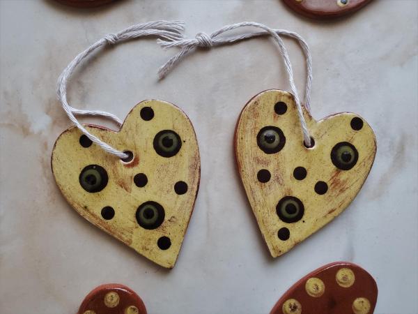 Redware Heart Ornaments with Green & Black Dots
