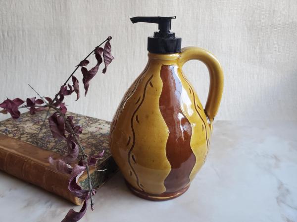 Redware Soap/Lotion Dispenser Sgraffito Pattern