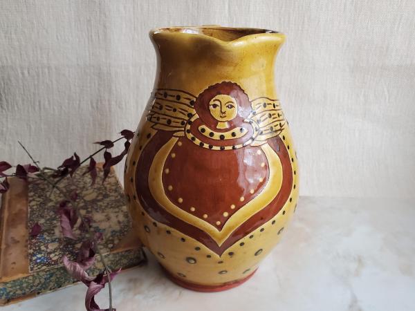 Redware Pitcher, Angel with Wings Sgraffito Motif