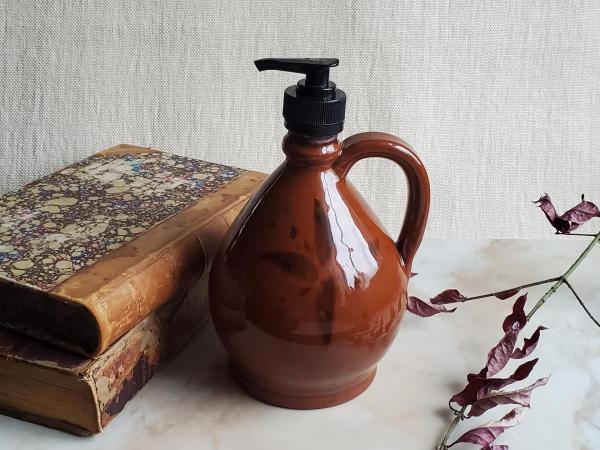 Redware Soap/Lotion Dispenser with Black Flower Motif (d)