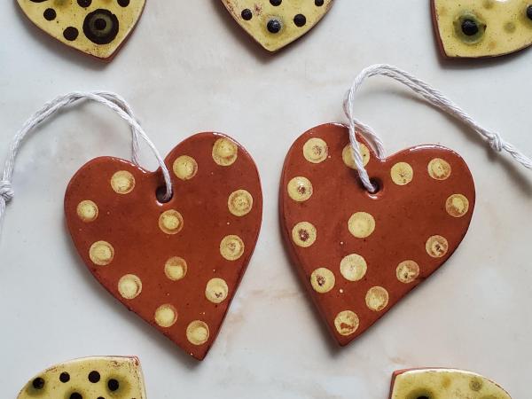 Redware Heart Ornaments (2) with White Polka Dots