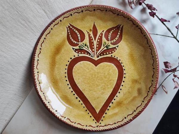 Redware 11 in Plate with Heart and Tulips Sgraffito Motif