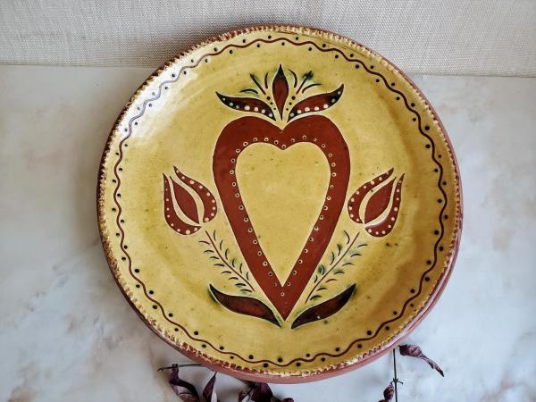 Redware Plate with Heart, Tulips and Leaves Sgraffito Decoration