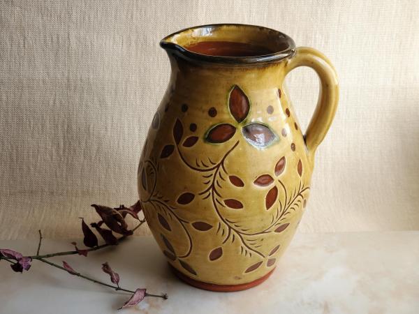 Redware Pitcher, Ivy Leaf Sgraffito Motif
