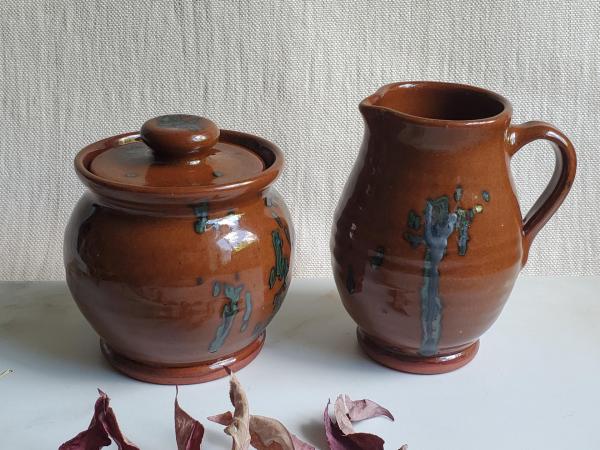 Redware Sugar and Creamer Set with Spangles and Lead Free Glaze