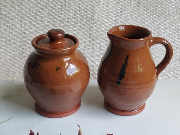 Redware Sugar and Creamer Set with Spangles and Lead Free Glaze (b)