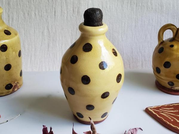 Redware Ovoid Bottle with Black Dots and Lead-Free Glaze