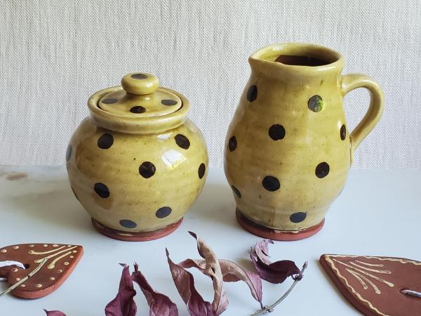 Redware Sugar and Creamer Set with Black Dots and Lead Free Glaze
