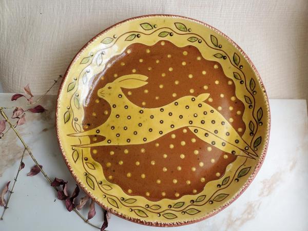 Custom Order Kulina Folk Art Redware Platter/Charger, Leaping Hare Motif