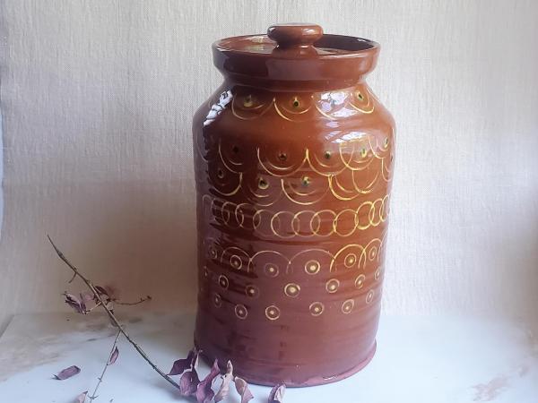 Redware 13 inch Jar with Stamped Pattern and Lead Free Glaze