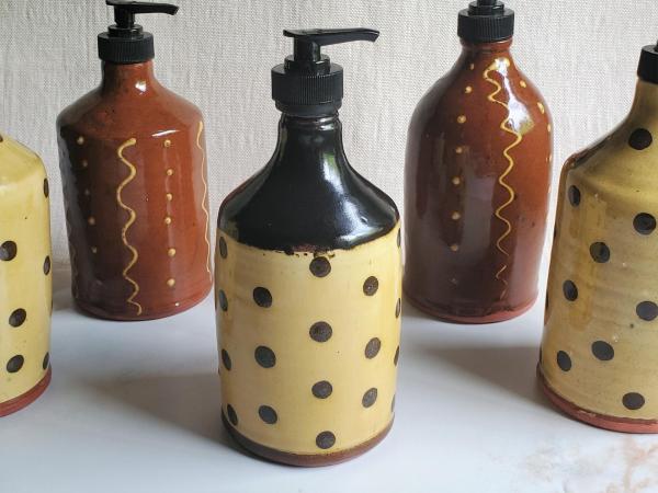 Redware Soap or Lotion Dispenser Bottle with Black