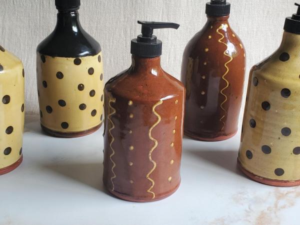Redware Soap/Lotion Dispenser Bottle with Squiggles & Dots Decoration