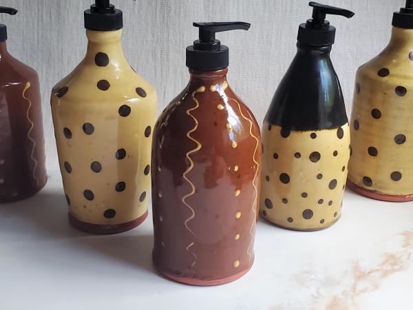 Redware Soap/Lotion Dispenser Bottle with Squiggles & Dots Pattern