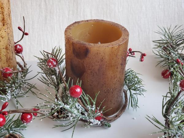 Farmhouse Christmas Decor - Timer Burnt Mustard Candle with Snowy Pine & Berry Ring