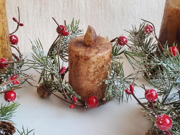 Rustic Winter Decor: Burnt Ivory BOC Pillar with Snowy Pine and Red Berries Candle Ring