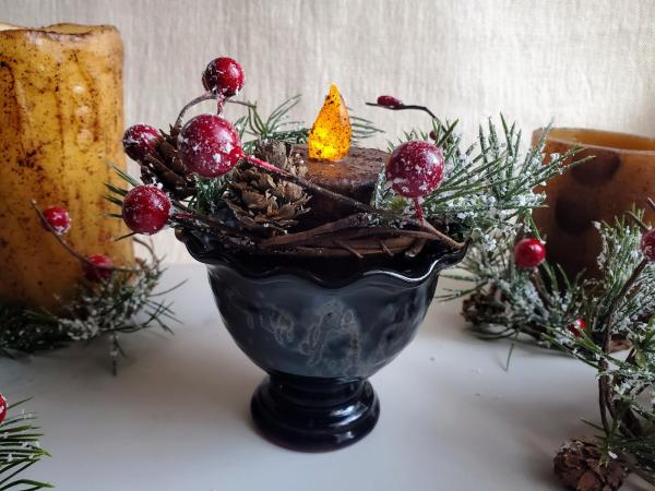 Burnt Mustard BOC Pillar, Snowy Pine & Red Berries Ring in Redware Footed Bowl, Black Glaze
