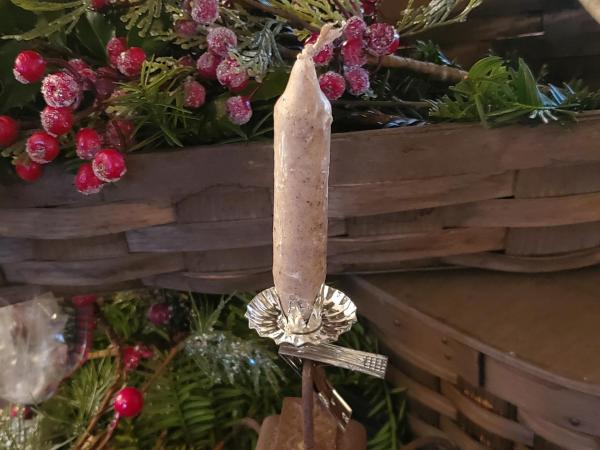 Pressed Tin Christmas Tree Candleholder Clip & Primitive Taper