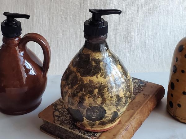 Redware Soap or Lotion Dispenser Bottle with Black Dapples