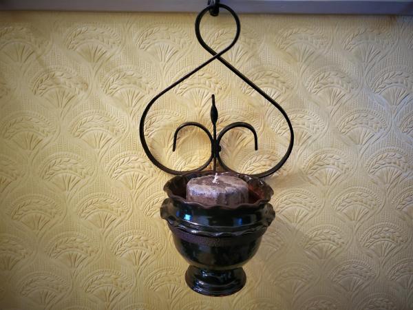 Redware Fluted Rim Bowl, Vintage Candle Holder and Primitive Candle