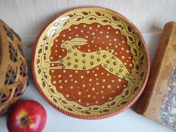 Redware 9 in Plate with Leaping Hare Sgraffito Motif