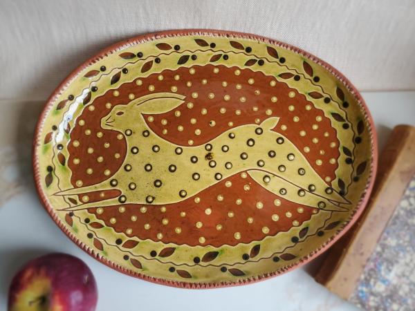 Redware Oval Platter with Leaping Hare Motif