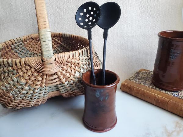 Small Redware Utensil Jar with Spangles, 4.50" Tall, Handmade