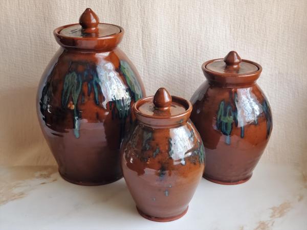 Redware 3 Jar/Canister Set with Acorn Knobs - Handcrafted by Rick of Pied Potter Hamelin